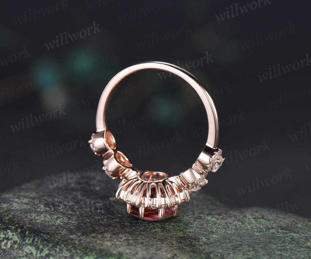 Vintage oval garnet engagement ring art deco multi halo moissanite wedding ring unique bridal ring