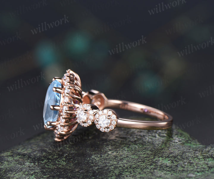 Vintage oval aquamarine engagement ring art deco moissanite halo wedding ring promise anniversary ring