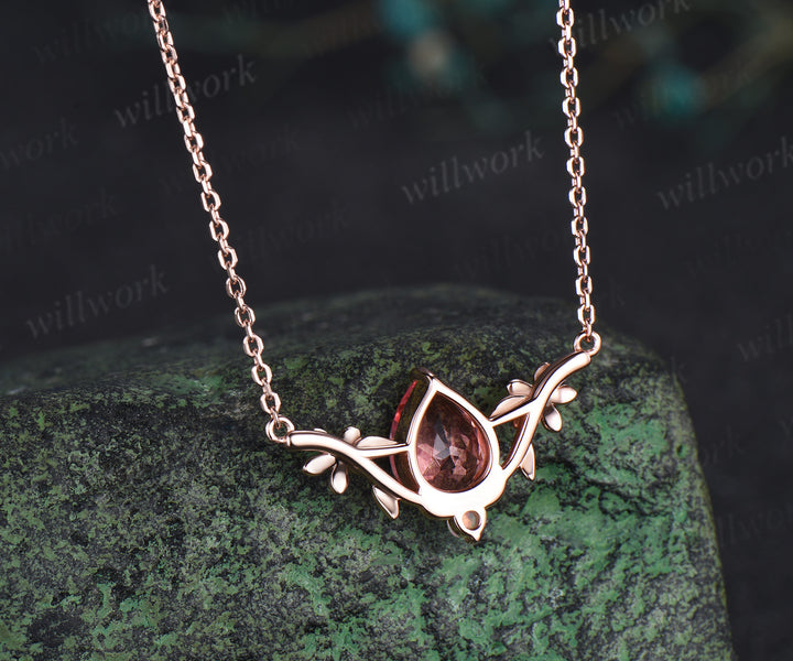 Pear cut padparadscha pendant necklace flower opals twig leaf pendant nature inspired pink sapphire necklace