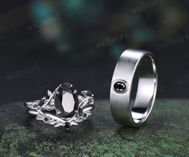 Oval Cut Black Onyx Leaf Vine Froral Ring Set & Solitaire Black Onyx Brushed Finish Men Wedding Ring Couple Ring Set