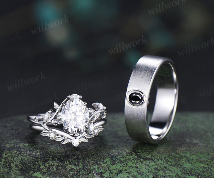 Vintage Oval Cut Moissanite Leaf Froral Ring Set & Brushed Finish Solitaire Moissanite Men Wedding Ring Nature Inspired Couple Ring Set