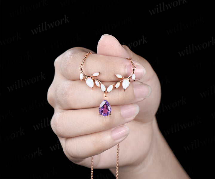 Teardrop amethyst leaf necklace nature inspired marquise opal twig pendant rose gold unique crystal necklace wedding anniversary gifts