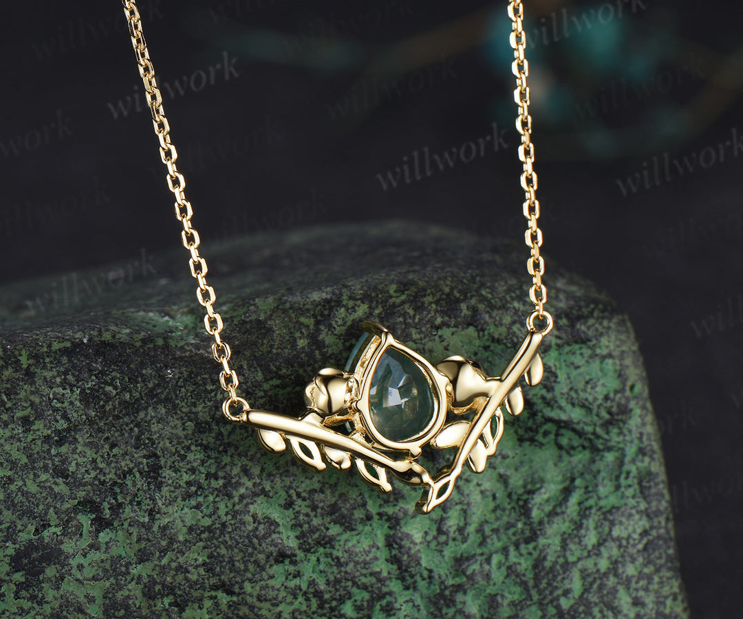 Nature inspired pear moss agate pendant necklace unique leaf rose marquise emerald yellow gold pendant wedding anniversary gifts