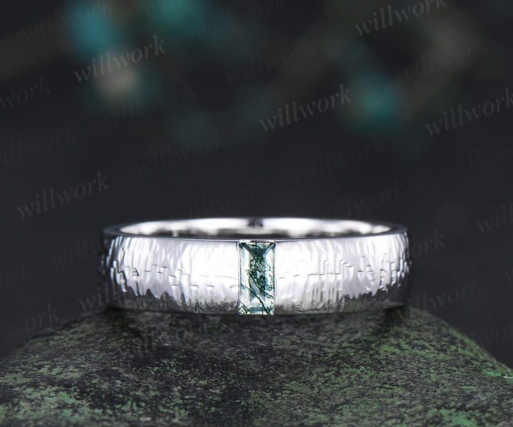 Oval Moss Agate Alexandrite Moss Agate Clusters Ring Set & Baguette Moss Agate Hammered Men Wedding Ring Enchanting Couple Ring Set