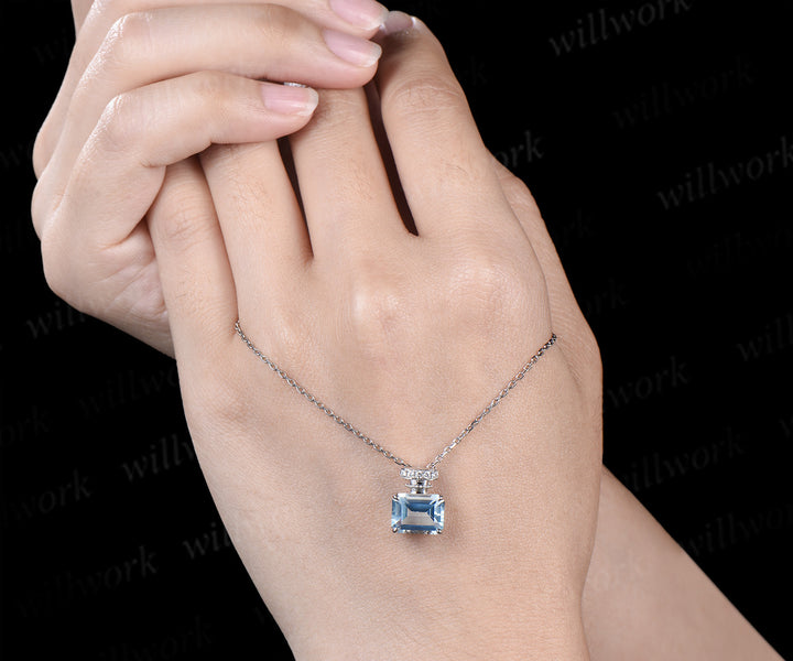 East to west emerald cut aquamarine perfume bottle necklace gemstone pendant wedding anniversary gifts for her