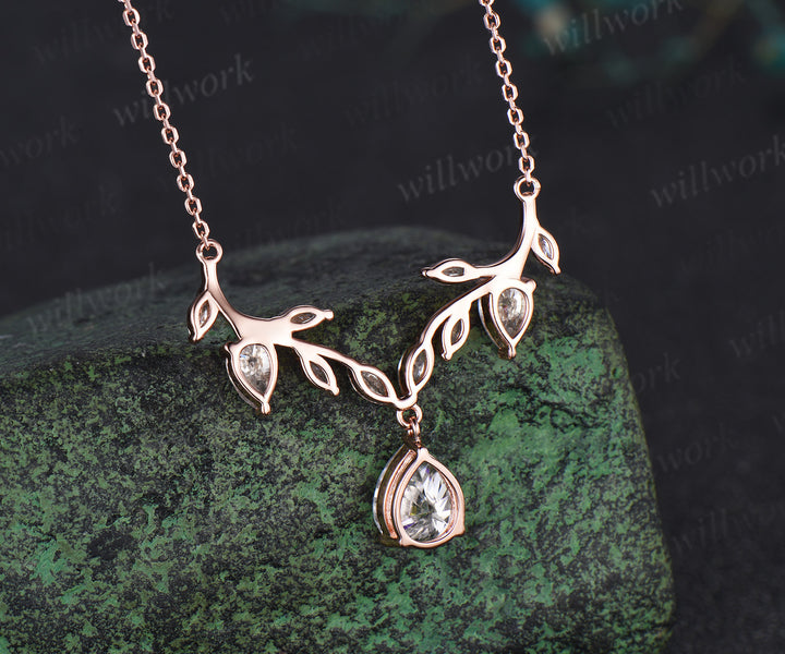 Pear moissanite leaf necklace nature inspired marquise moissanite twig pendant rose gold unique wedding anniversary gifts