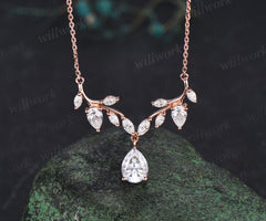 Pear moissanite leaf necklace nature inspired marquise moissanite twig pendant rose gold unique wedding anniversary gifts