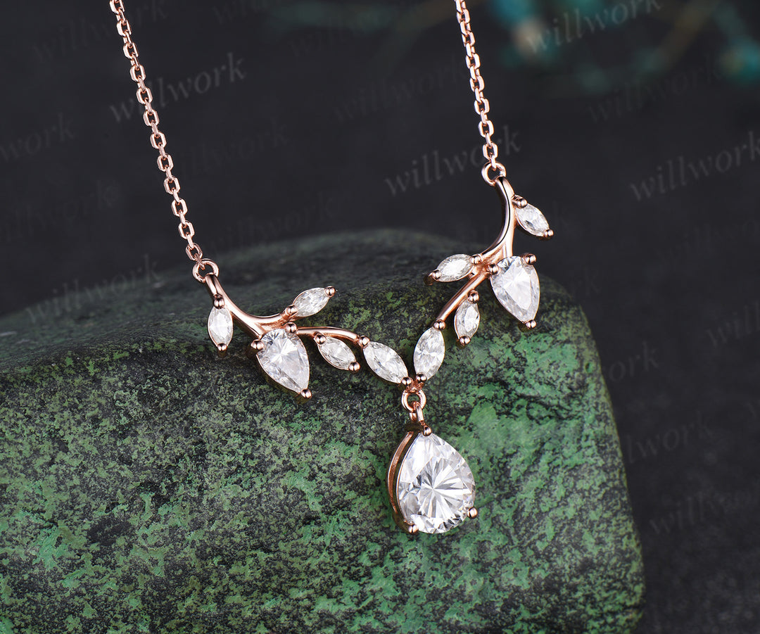 Pear moissanite leaf necklace nature inspired marquise moissanite twig pendant rose gold unique wedding anniversary gifts