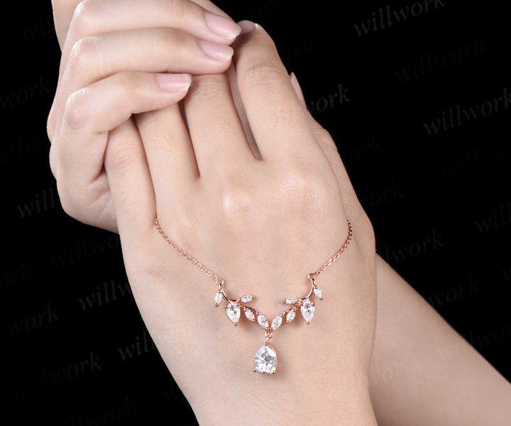 Pear moissanite leaf necklace nature inspired marquise moissanite twig pendant rose gold unique wedding anniversary gifts