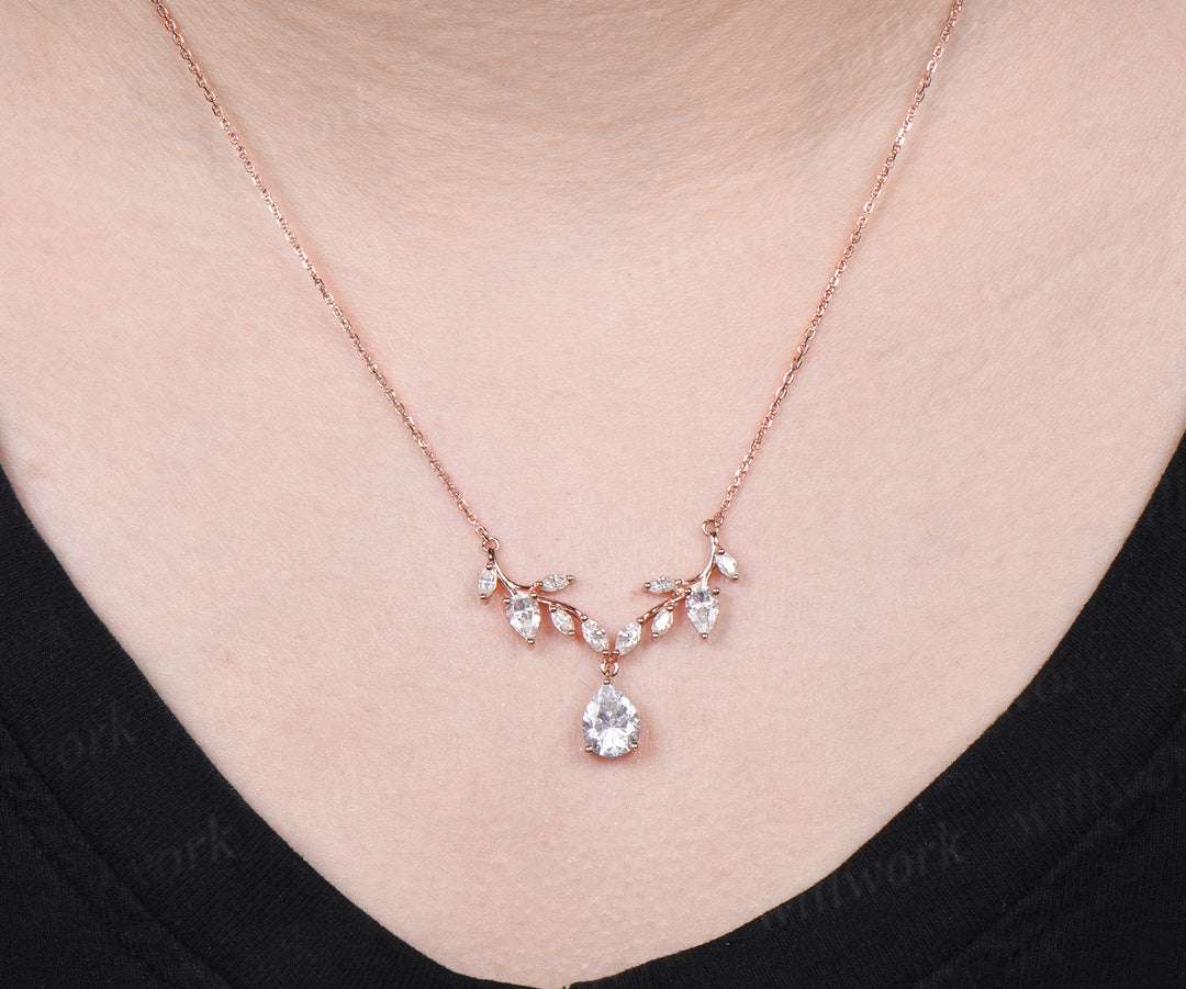 Pear moissanite leaf necklace nature inspired marquise moissanite twig pendant rose gold unique wedding anniversary gifts