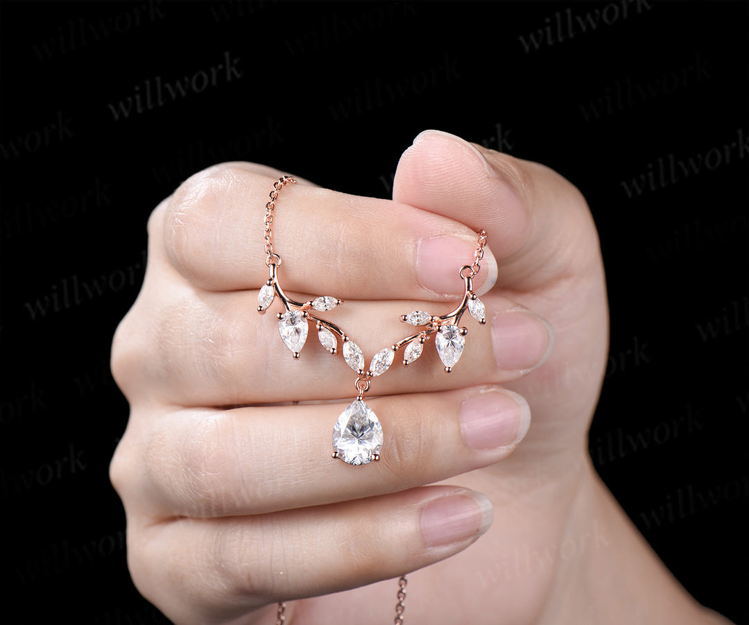Pear moissanite leaf necklace nature inspired marquise moissanite twig pendant rose gold unique wedding anniversary gifts