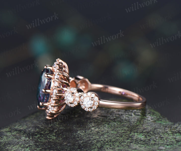 Retro oval cut alexandrite engagement ring art deco multi halo moissanite wedding ring unique bridal ring