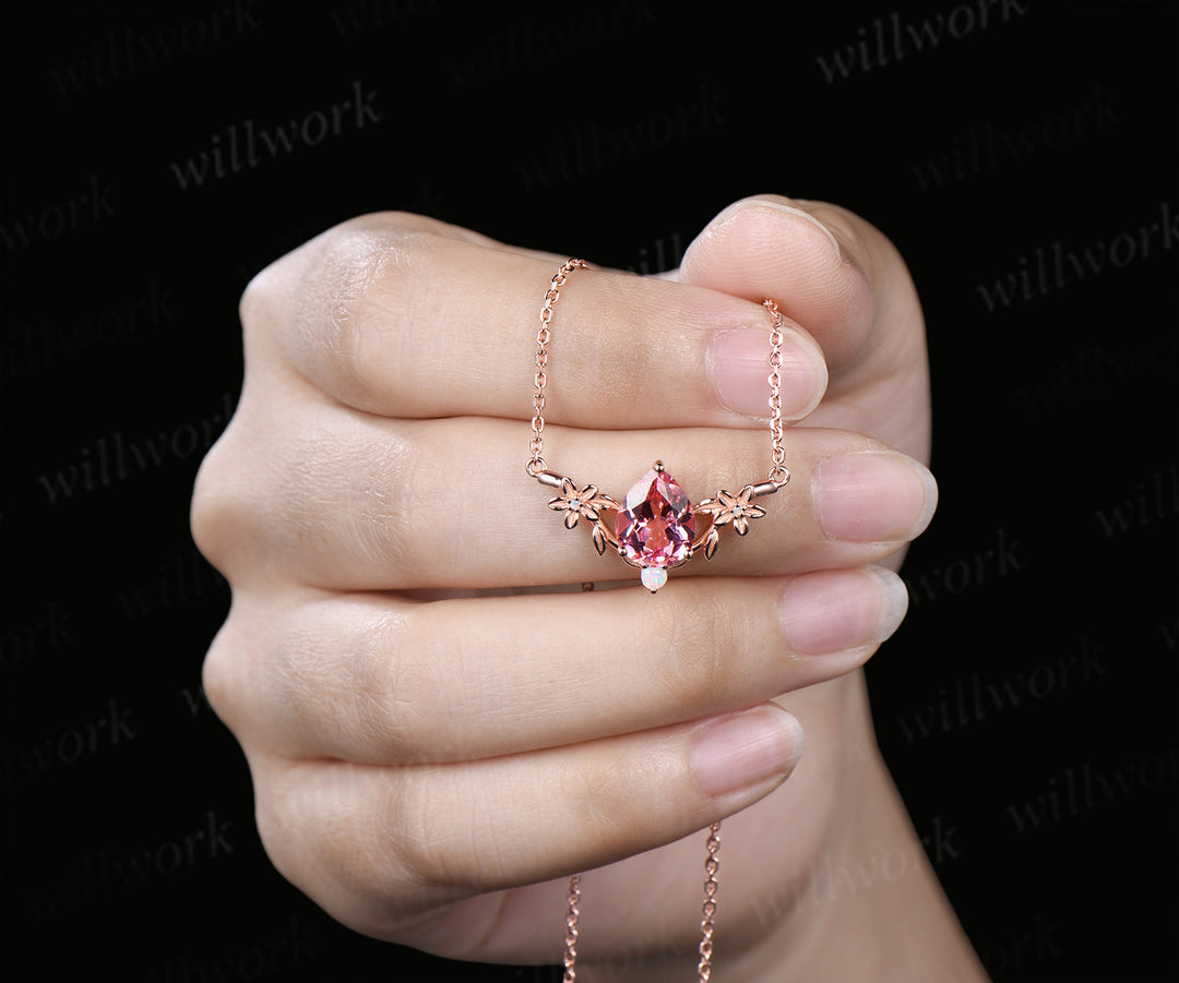 Pear cut padparadscha pendant necklace flower opals twig leaf pendant nature inspired pink sapphire necklace
