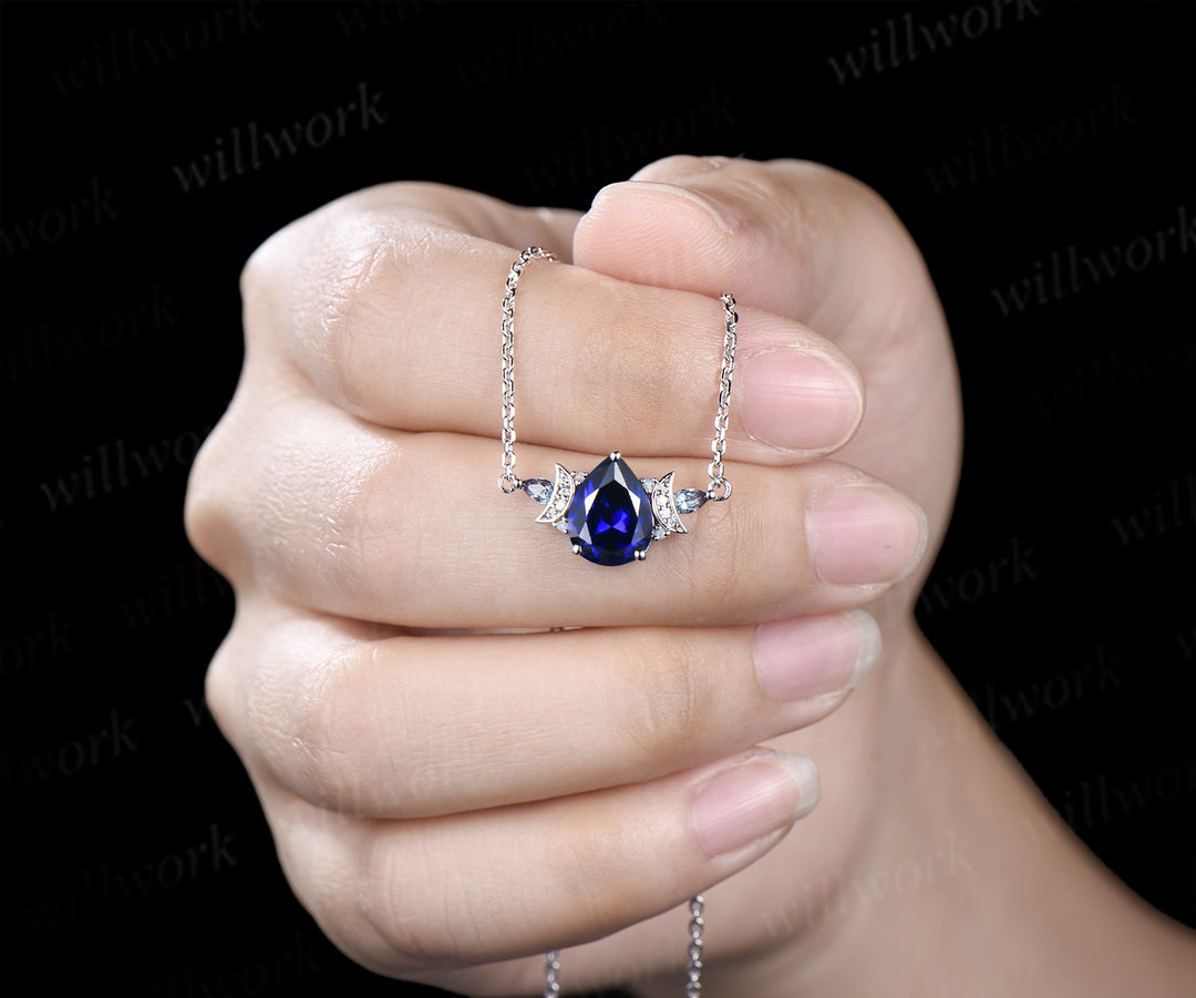 Pear cut blue sapphire pendant necklace moon deco moissanite pear alexandrite opals charm pendant September birthstone gifts