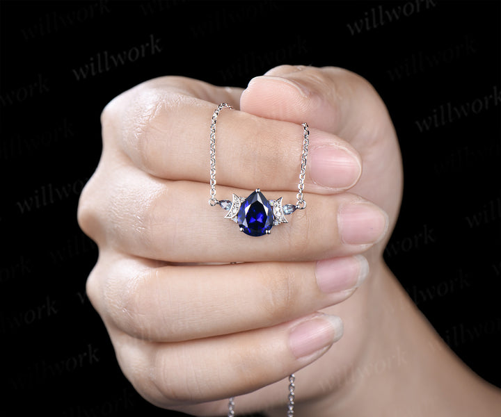 Pear cut blue sapphire pendant necklace moon deco moissanite pear alexandrite opals charm pendant September birthstone gifts