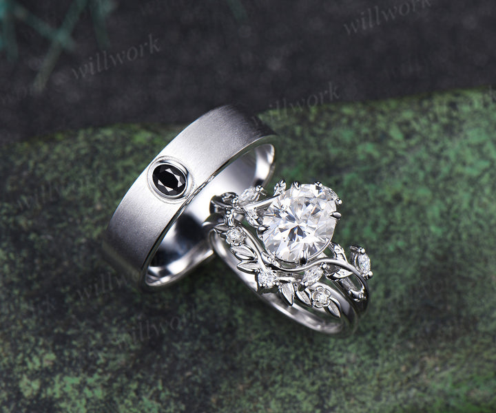 Vintage Oval Cut Moissanite Leaf Froral Ring Set & Brushed Finish Solitaire Moissanite Men Wedding Ring Nature Inspired Couple Ring Set