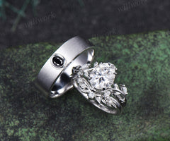 Vintage Oval Cut Moissanite Leaf Froral Ring Set & Brushed Finish Solitaire Moissanite Men Wedding Ring Nature Inspired Couple Ring Set