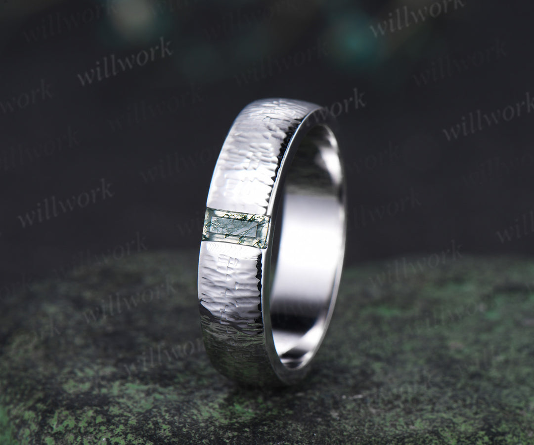 Oval Moss Agate Alexandrite Moss Agate Clusters Ring Set & Baguette Moss Agate Hammered Men Wedding Ring Enchanting Couple Ring Set