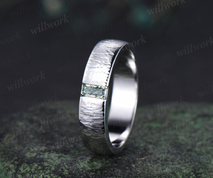 Oval Moss Agate Alexandrite Moss Agate Clusters Ring Set & Baguette Moss Agate Hammered Men Wedding Ring Enchanting Couple Ring Set