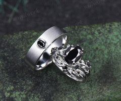 Oval Cut Black Onyx Leaf Vine Froral Ring Set & Solitaire Black Onyx Brushed Finish Men Wedding Ring Couple Ring Set
