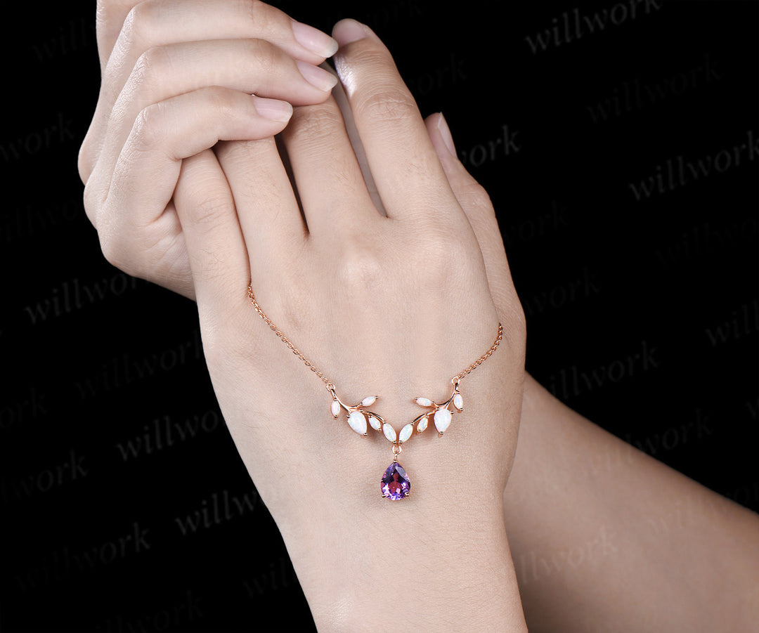 Teardrop amethyst leaf necklace nature inspired marquise opal twig pendant rose gold unique crystal necklace wedding anniversary gifts