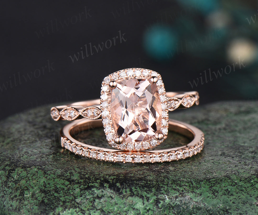 Vintage cushion cut morganite engagement ring set diamond halo milgrain half eternity wedding ring art deco bridal set