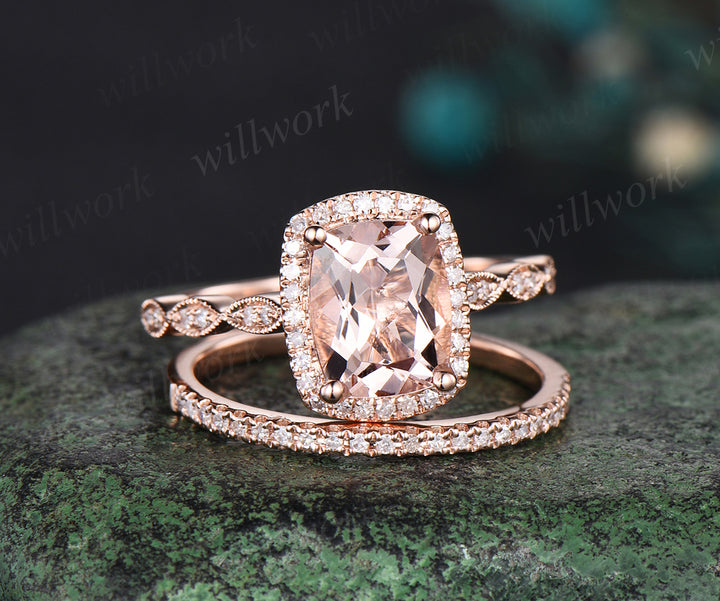 Vintage cushion cut morganite engagement ring set diamond halo milgrain half eternity wedding ring art deco bridal set