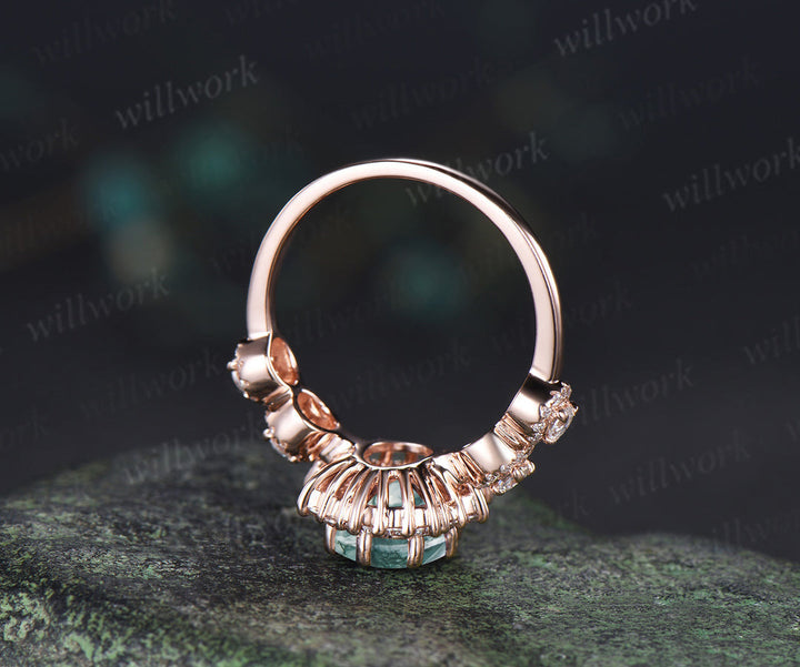 Vintage oval cue moss agate engagement ring art deco unique halo moissanite bridal ring