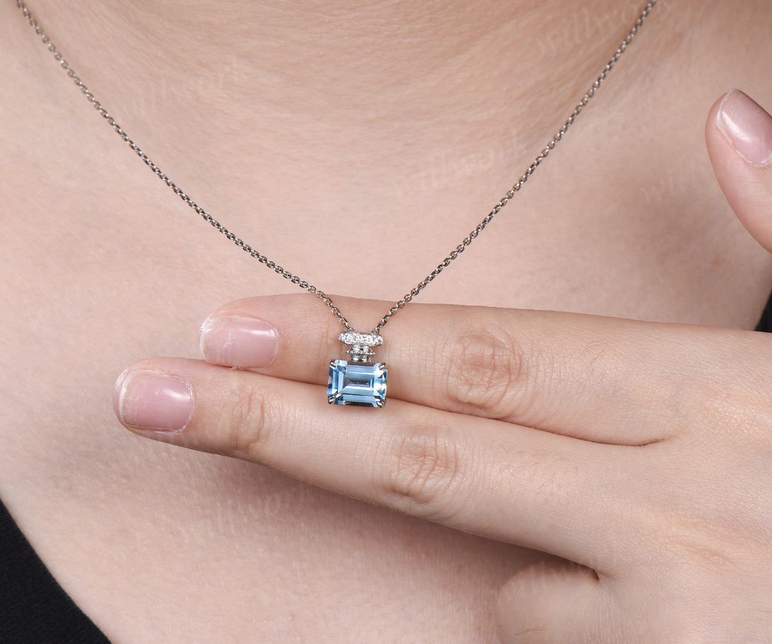 East to west emerald cut aquamarine perfume bottle necklace gemstone pendant wedding anniversary gifts for her