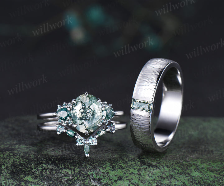 Oval Moss Agate Alexandrite Moss Agate Clusters Ring Set & Baguette Moss Agate Hammered Men Wedding Ring Enchanting Couple Ring Set