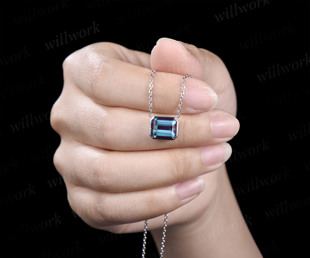Bezel emerald cut alexandrite pendant minimalist solitare pendant necklace June birthstone gifts for women
