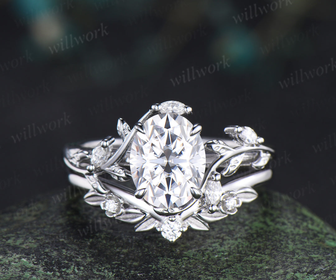 Oval Cut Moissanite Leaf Floral Ring Set & Brushed Finish Solitaire Men Wedding Ring Nature Inspired Couple Ring Set