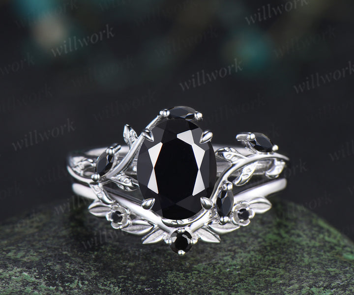 Oval Cut Black Onyx Leaf Vine Froral Ring Set & Solitaire Black Onyx Brushed Finish Men Wedding Ring Couple Ring Set