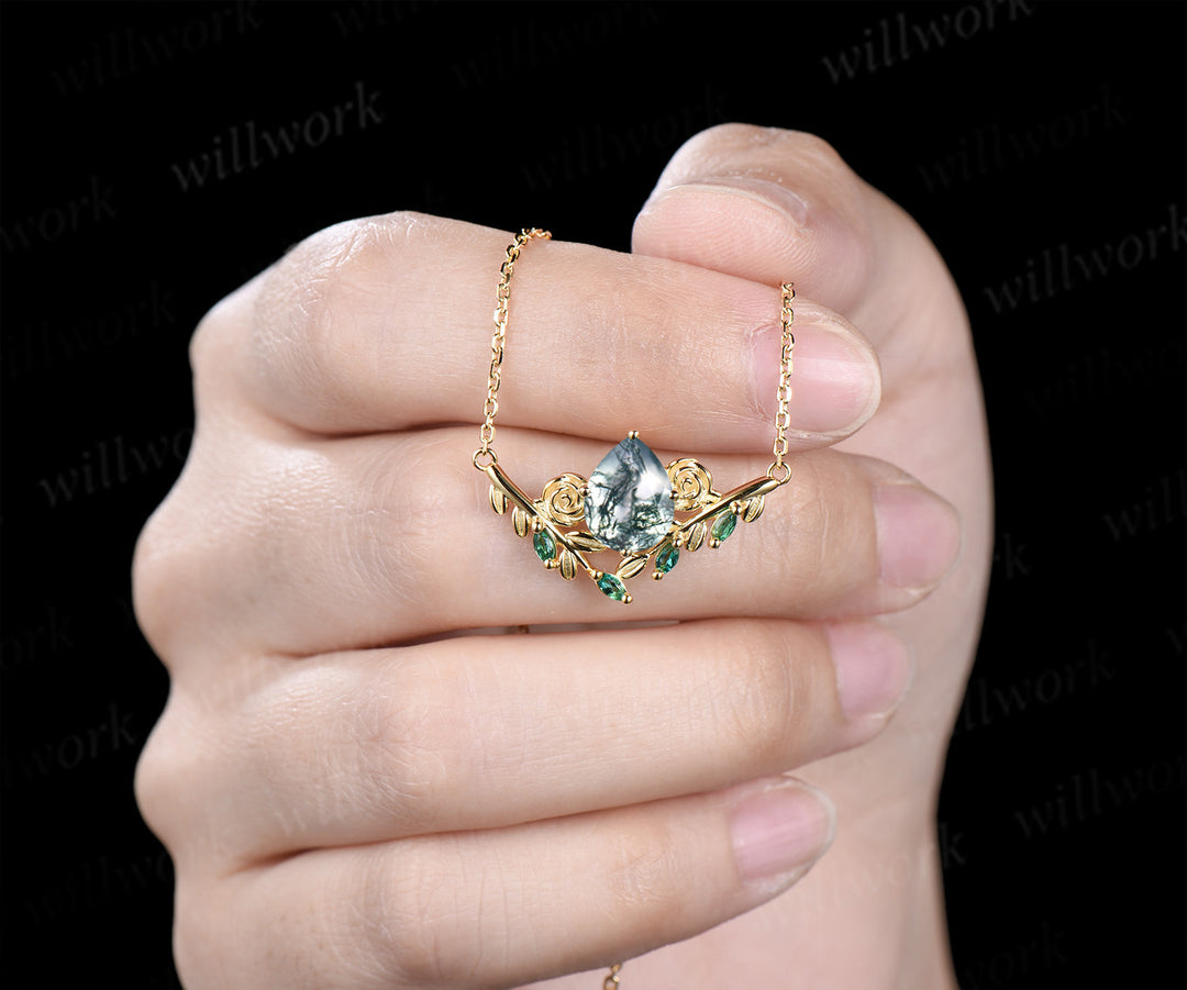 Nature inspired pear moss agate pendant necklace unique leaf rose marquise emerald yellow gold pendant wedding anniversary gifts