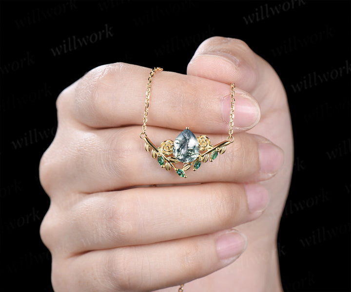 Nature inspired pear moss agate pendant necklace unique leaf rose marquise emerald yellow gold pendant wedding anniversary gifts