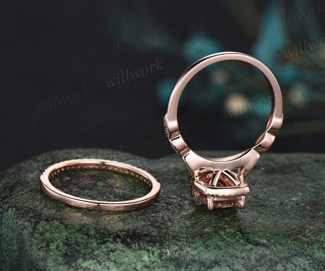 Vintage cushion cut morganite engagement ring set diamond halo milgrain half eternity wedding ring art deco bridal set