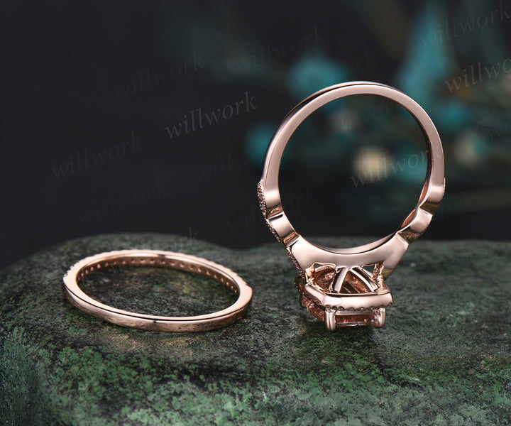Vintage cushion cut morganite engagement ring set diamond halo milgrain half eternity wedding ring art deco bridal set