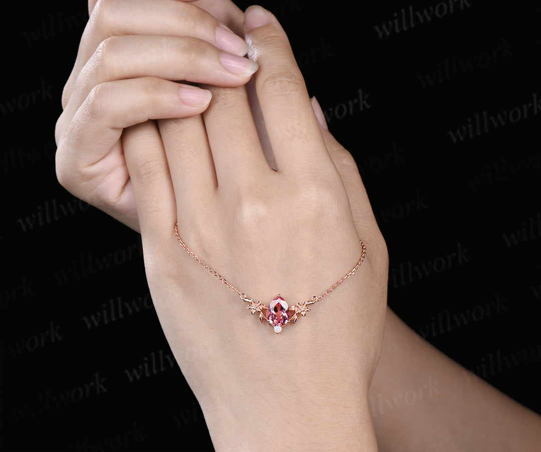 Pear cut padparadscha pendant necklace flower opals twig leaf pendant nature inspired pink sapphire necklace