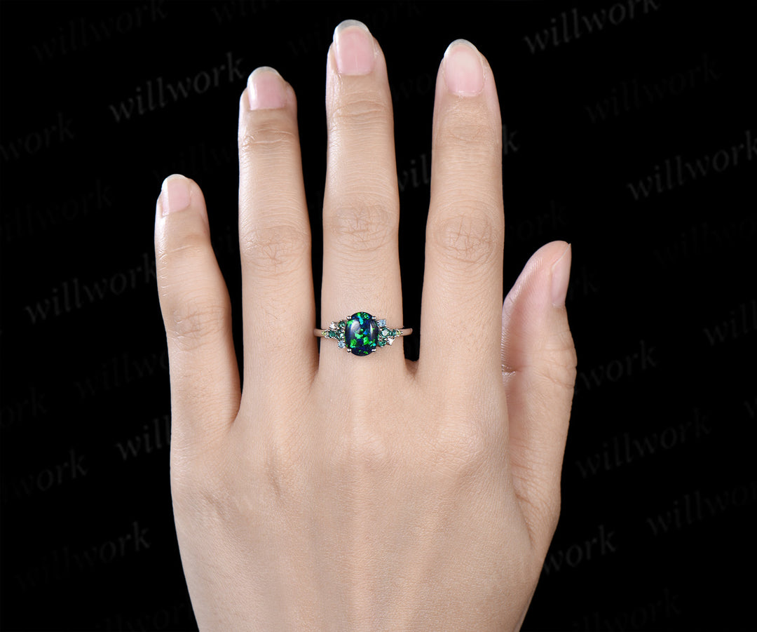 Unique oval cut black opal engagement ring emerald topaz peridot moissanites cluster ring fire opal jewelry gifts