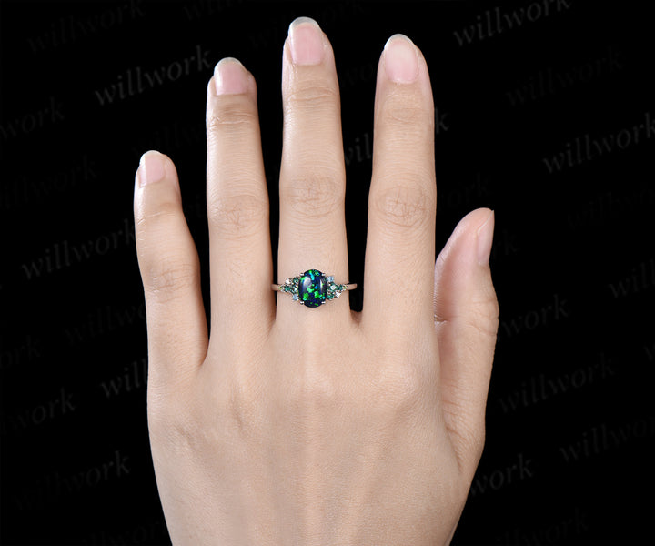 Unique oval cut black opal engagement ring emerald topaz peridot moissanites cluster ring fire opal jewelry gifts