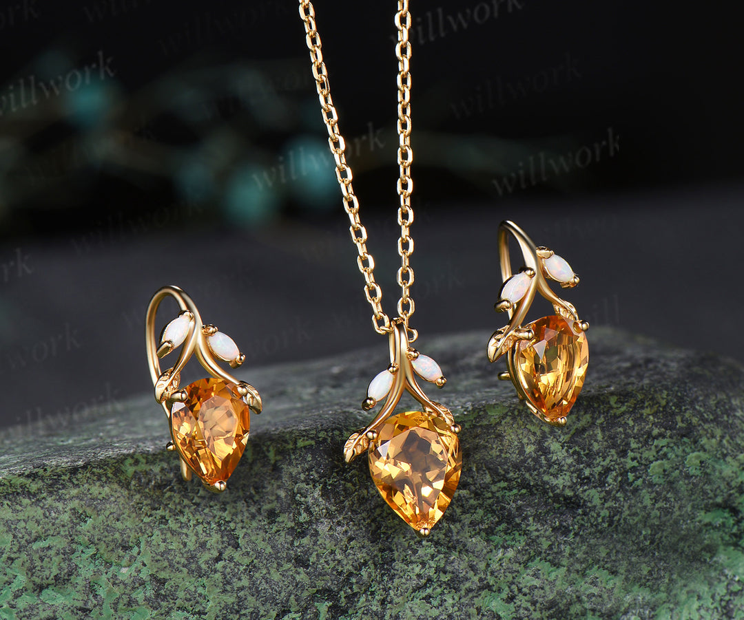 Pear citrine necklace earring set marquise opal twig leaf gemstone pendant hook earrings jewelry set