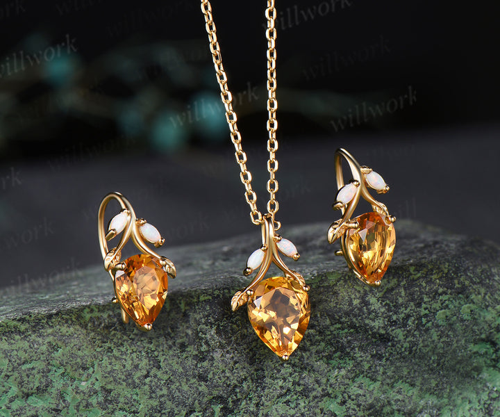 Pear citrine necklace earring set marquise opal twig leaf gemstone pendant hook earrings jewelry set