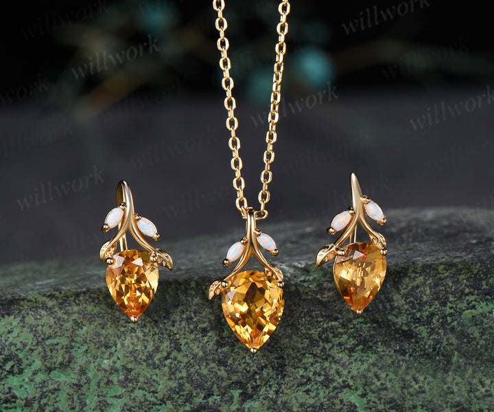 Pear citrine necklace earring set marquise opal twig leaf gemstone pendant hook earrings jewelry set