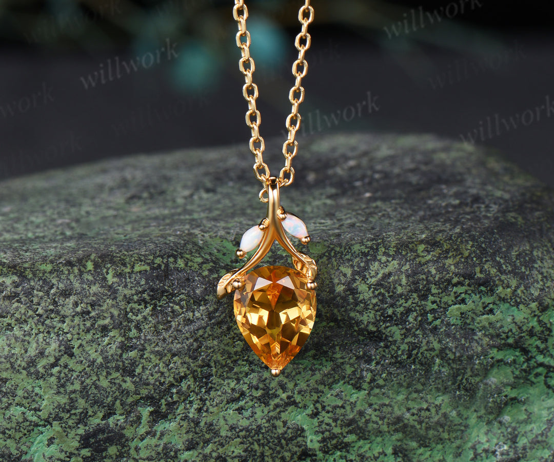 Pear citrine necklace earring set marquise opal twig leaf gemstone pendant hook earrings jewelry set