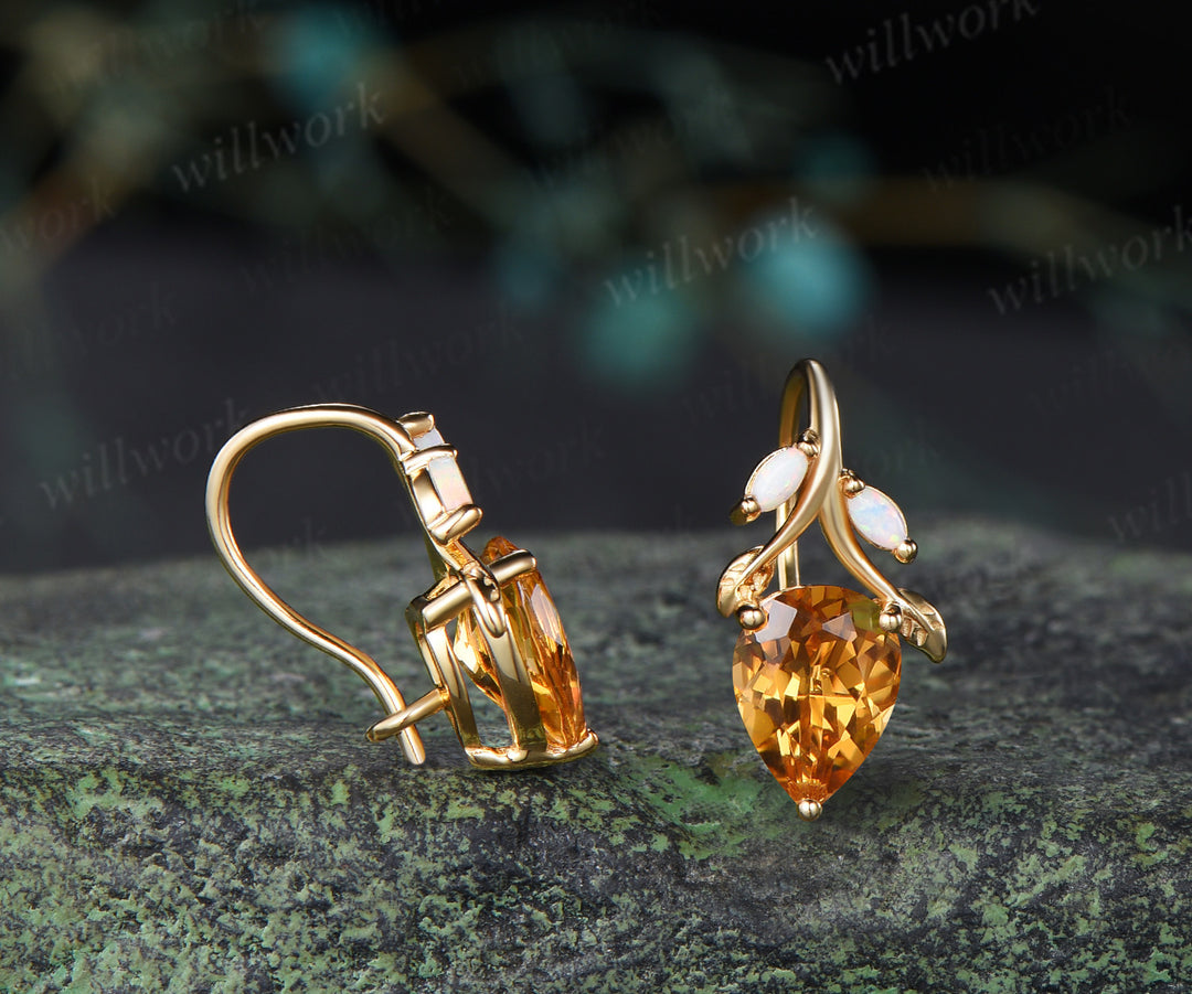 Pear citrine necklace earring set marquise opal twig leaf gemstone pendant hook earrings jewelry set