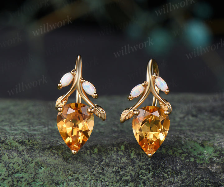 Pear citrine necklace earring set marquise opal twig leaf gemstone pendant hook earrings jewelry set
