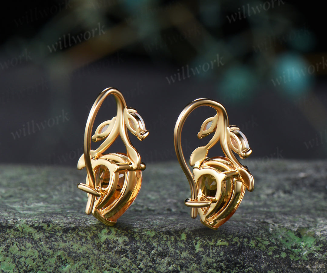 Pear citrine necklace earring set marquise opal twig leaf gemstone pendant hook earrings jewelry set