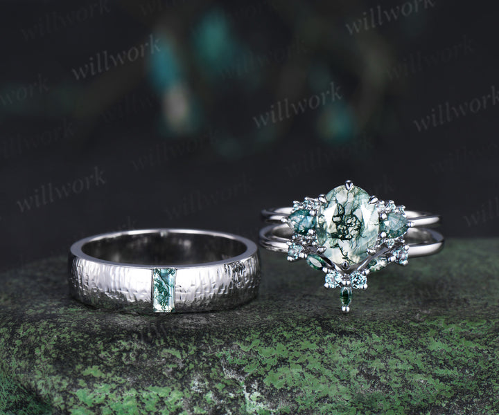 Oval Moss Agate Alexandrite Moss Agate Clusters Ring Set & Baguette Moss Agate Hammered Men Wedding Ring Enchanting Couple Ring Set