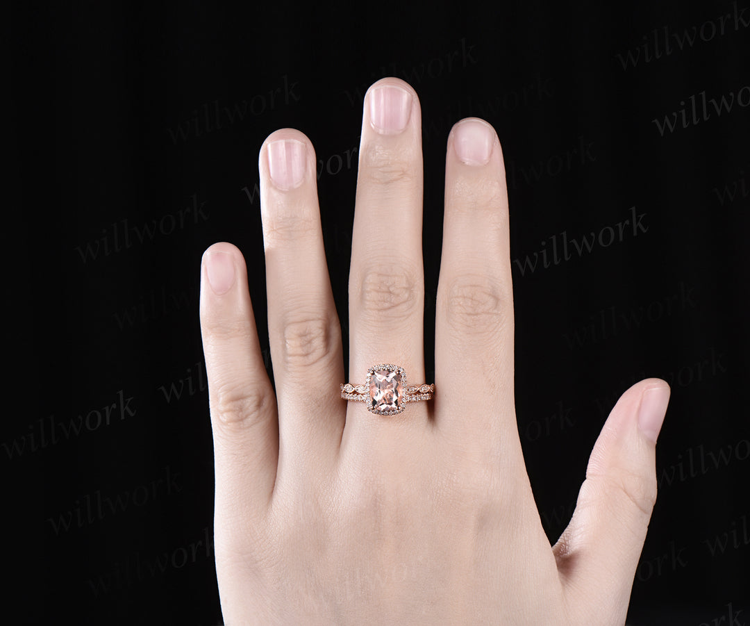Vintage cushion cut morganite engagement ring set diamond halo milgrain half eternity wedding ring art deco bridal set