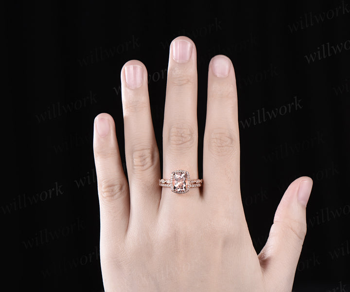 Vintage cushion cut morganite engagement ring set diamond halo milgrain half eternity wedding ring art deco bridal set